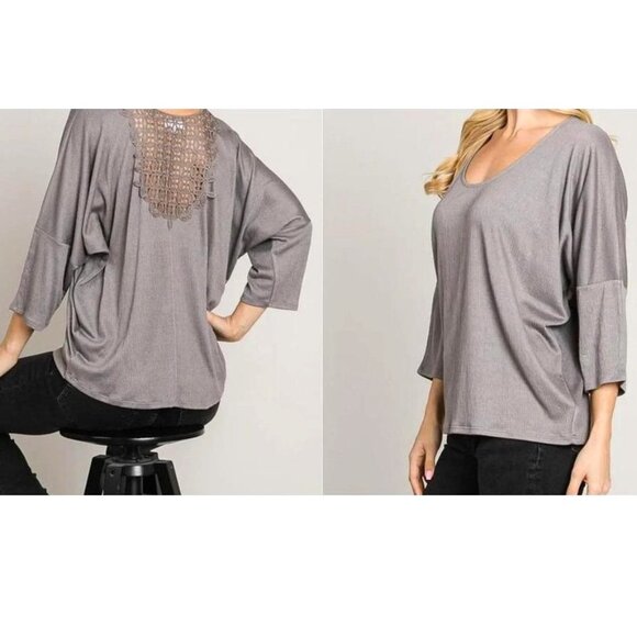 Boho Lace Back Crinkle Knit Top – Soft Gray Relaxed Fit Blouse  NWT - Picture 1 of 8